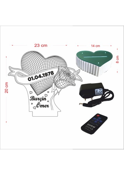 3D Hediye Dünyası  Isimli Gece Lambası Güllü Kalpli Doğum Günü Hediyesi 16 Renkli Kumandalı
