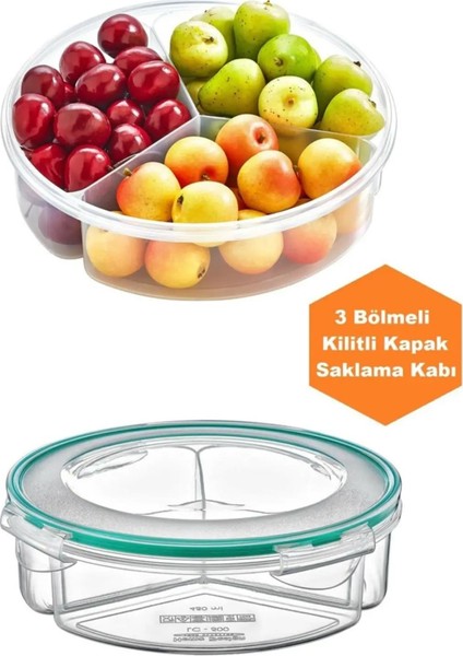 Kilit Kapaklı Yuvarlak 3 Bölmeli Erzak Yiyecek Saklama Kabı