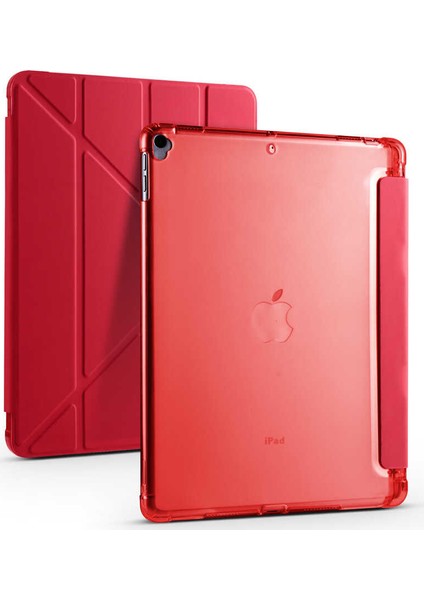 Apple iPad 7. Nesil 10.2" Kalemlikli Arka Silikon Uyku Modlu Üçgen Katlanabilir Yatay ve Dikey Standlı Antişok Özellikli Smart Kılıf Kırmızı