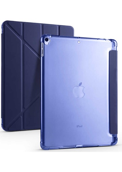 Apple iPad 8. Nesil 10.2" Kalemlikli Arka Silikon Uyku Modlu Üçgen Katlanabilir Yatay ve Dikey Standlı Antişok Özellikli Smart Kılıf Lacivert