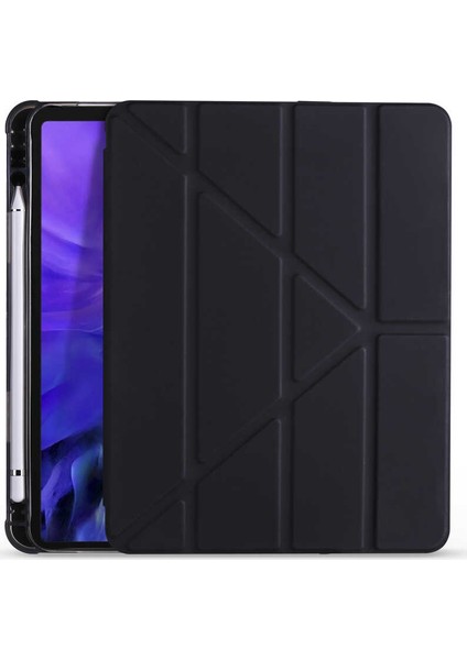 Apple iPad 8. Nesil 10.2" Kalemlikli Arka Silikon Uyku Modlu Üçgen Katlanabilir Yatay ve Dikey Standlı Antişok Özellikli Smart Kılıf Siyah