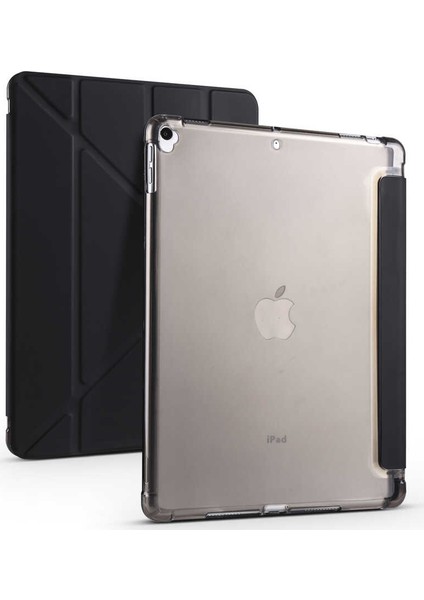 Apple iPad 8. Nesil 10.2" Kalemlikli Arka Silikon Uyku Modlu Üçgen Katlanabilir Yatay ve Dikey Standlı Antişok Özellikli Smart Kılıf Siyah