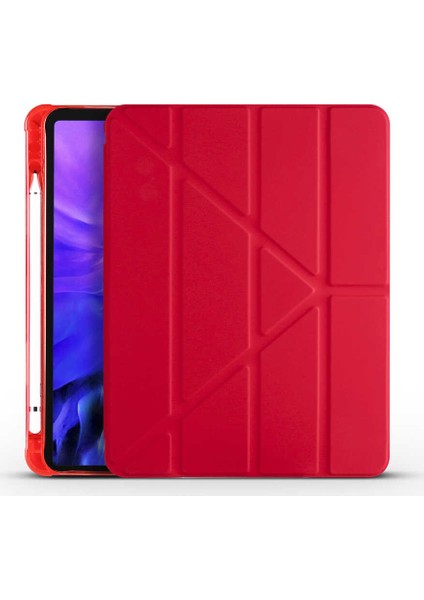 Apple iPad Air 10.9" 2020 Kılıf Kalem Bölmeli Tri Folding Smart Katlanabilir Standlı 360 Tam Koruma Kırmızı