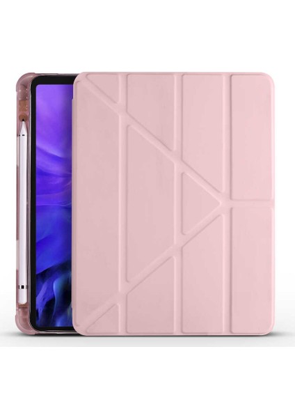 Apple iPad Pro 12.9" 2020 Kalemlikli Arka Silikon Uyku Modlu Üçgen Katlanabilir Yatay ve Dikey Standlı Antişok Özellikli Smart Kılıf Rose Gold