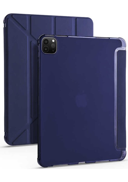 Apple iPad Pro 12.9" 2020 Kalemlikli Arka Silikon Uyku Modlu Üçgen Katlanabilir Yatay ve Dikey Standlı Antişok Özellikli Smart Kılıf Lacivert fiyatları