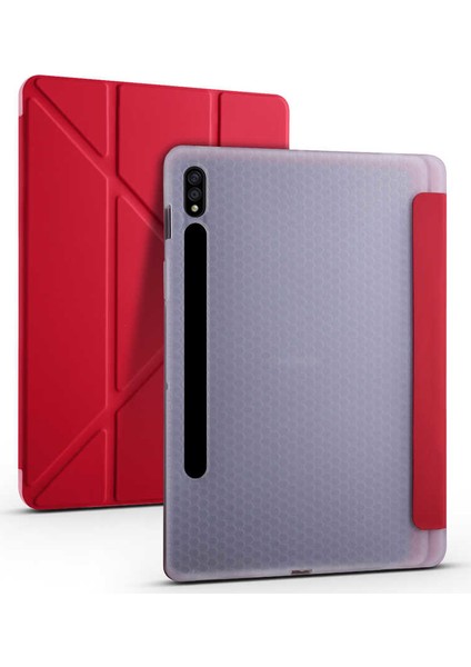 Samsung Galaxy Tab S7 Plus T970 12.4" Kılıf Kalem Bölmeli Tri Folding Smart Katlanabilir Standlı 360 Tam Koruma Kırmızı