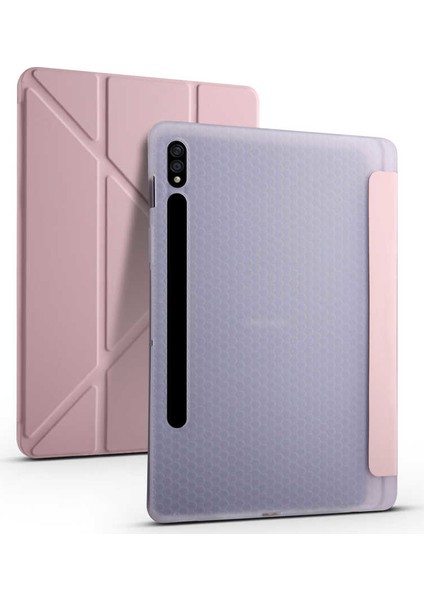 Samsung Galaxy Tab S7 Plus T970 12.4" Kılıf Kalem Bölmeli Tri Folding Smart Katlanabilir Standlı 360 Tam Koruma Rose Gold