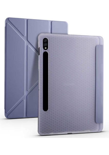Samsung Galaxy Tab S7 Plus T970 12.4" Kılıf Kalem Bölmeli Tri Folding Smart Katlanabilir Standlı 360 Tam Koruma Mor