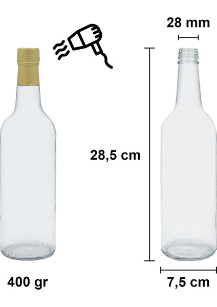 750 cc Şeffaf Standart Sızdırmaz Kapaklı ve Kapüşonlu 750 ml Yuvarlak Cam Şişe 1 Adet