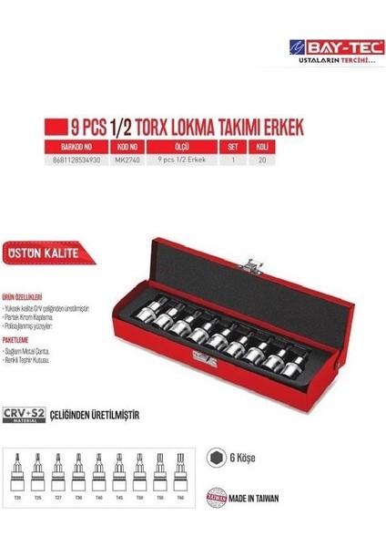 9 Adet 1/2 Torx Lokma Takımı Seti (Erkek) MK2740