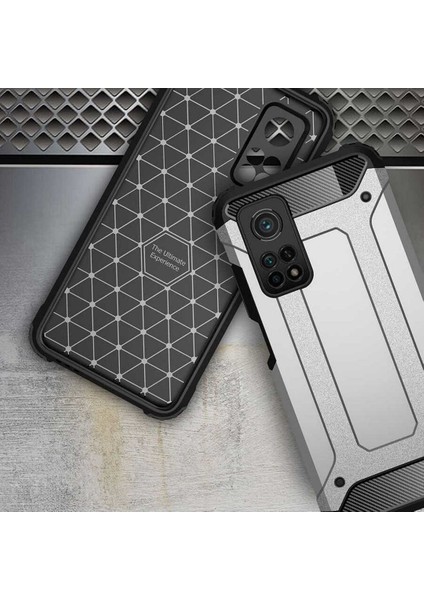 Case 4U Xiaomi Mi 10T Kılıf Military Armor Çift Katmanlı Crash Silikon Kılıf Gümüş