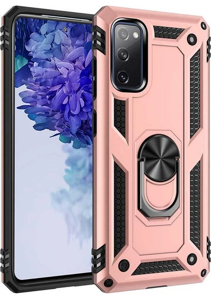 Case 4U Samsung Galaxy S20 FE Kılıf Çift Katmanlı Yüzüklü Manyetik Vega Kapak Rose Gold