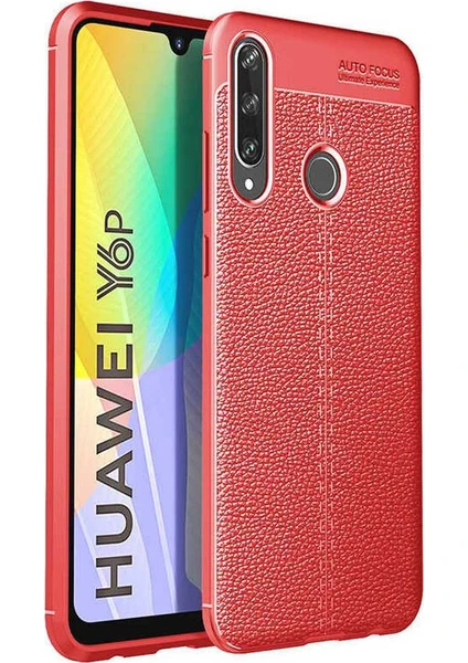 Case 4U Huawei Y6p Kılıf Rugan Armor Deri Görünümlü Yüksek Kalite Silikon Niss Kırmızı