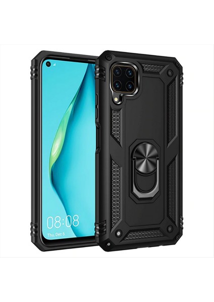 Case 4U Huawei P40 Lite Kılıf Çift Katmanlı Yüzüklü Manyetik Vega Kapak Siyah