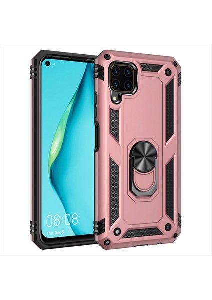 Case 4U Huawei P40 Lite Kılıf Çift Katmanlı Yüzüklü Manyetik Vega Kapak Rose Gold