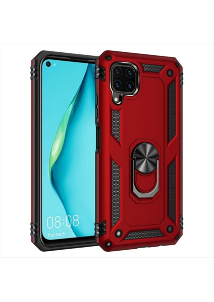 Case 4U Huawei P40 Lite Kılıf Çift Katmanlı Yüzüklü Manyetik Vega Kapak Kırmızı