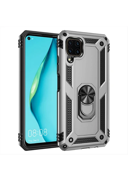 Case 4U Huawei P40 Lite Kılıf Çift Katmanlı Yüzüklü Manyetik Vega Kapak Gümüş