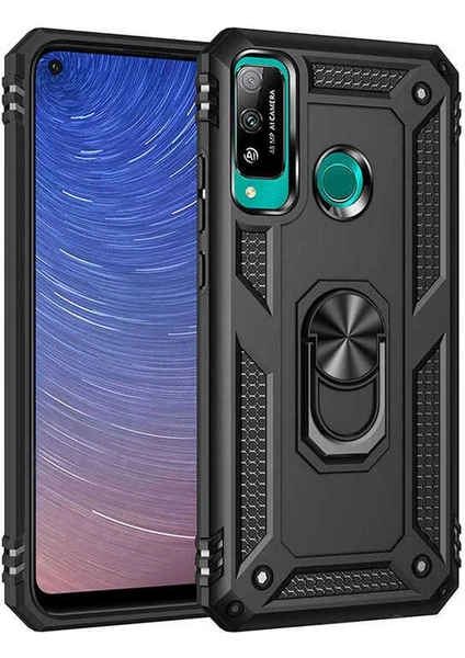 Case 4U Huawei P40 Lite E Kılıf Çift Katmanlı Yüzüklü Manyetik Vega Kapak Siyah