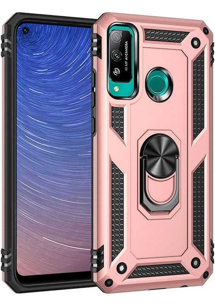 Huawei P40 Lite E Kılıf Çift Katmanlı Yüzüklü Manyetik Vega Kapak Rose Gold