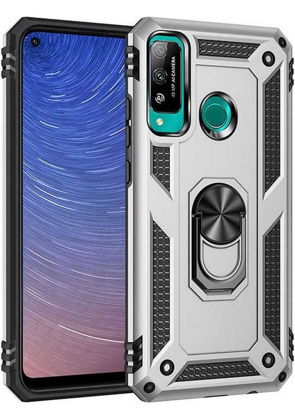 Huawei P40 Lite E Kılıf Çift Katmanlı Yüzüklü Manyetik Vega Kapak Gümüş