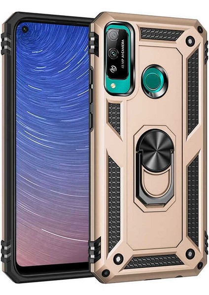 Huawei P40 Lite E Kılıf Çift Katmanlı Yüzüklü Manyetik Vega Kapak Altın