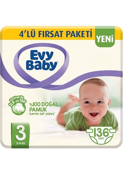 Evy Baby 3 Numara Bebek Bezi 5-9 kg Fırsat Paketi 136'LI