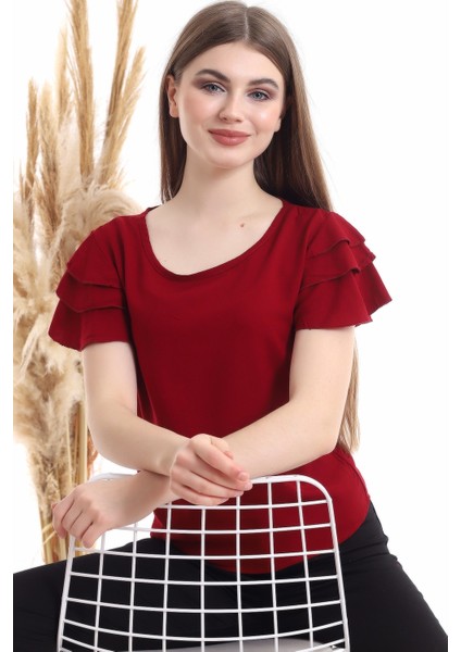 94022011 Dok. Viskon Fırfırlı Kısa Kol Bluz Bordo