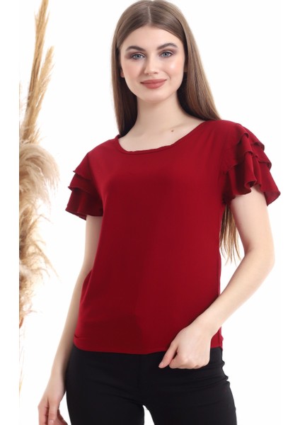 94022011 Dok. Viskon Fırfırlı Kısa Kol Bluz Bordo fiyatları