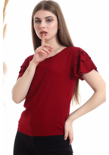 94022011 Dok. Viskon Fırfırlı Kısa Kol Bluz Bordo fırsatları