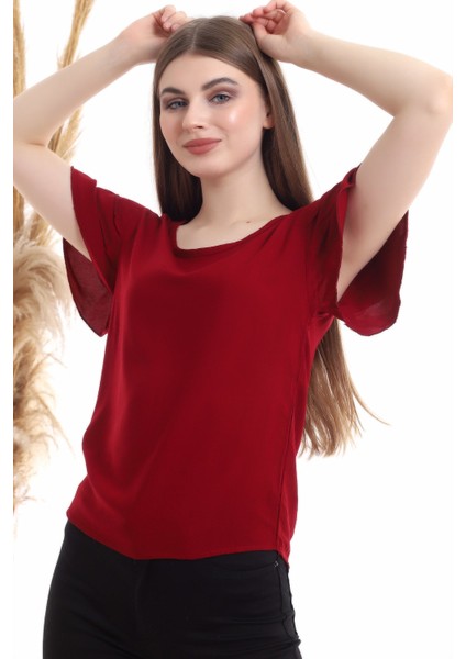 94022011 Dok. Viskon Fırfırlı Kısa Kol Bluz Bordo indirimleri