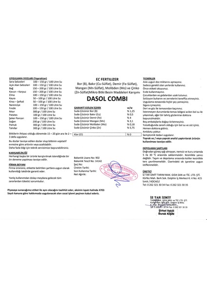 1 kg Mikro Bitki Besin Maddeleri Karışımı Dasol Combi ( Toz) modelleri