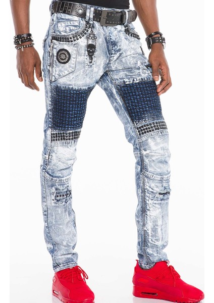 CD529 Metal Işlemeli Elle Boyanmış Mavi Erkek Jeans