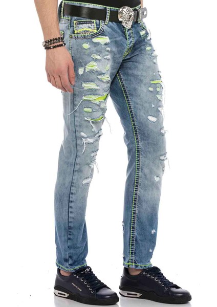 CD605 Neon Yeşil Yırtık Buz Mavisi Erkek Jeans