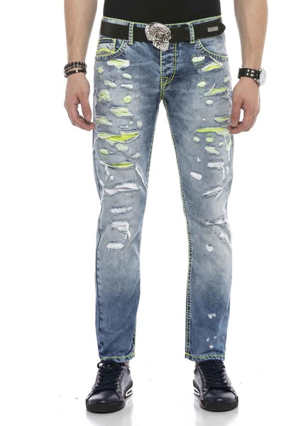 CD605 Neon Yeşil Yırtık Buz Mavisi Erkek Jeans fiyatları