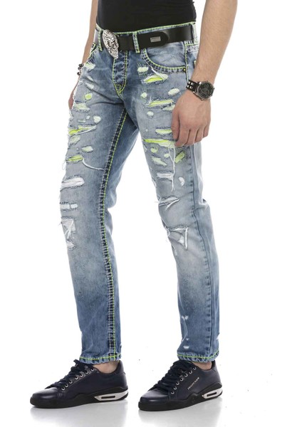CD605 Neon Yeşil Yırtık Buz Mavisi Erkek Jeans modelleri