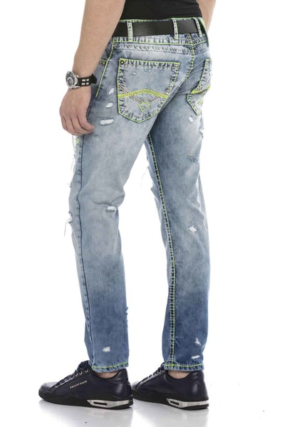 CD605 Neon Yeşil Yırtık Buz Mavisi Erkek Jeans fırsatları