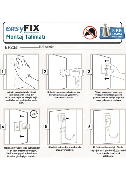 Delme Vida Matkap Yok! Easyfıx Yapıskanlı Ikili Askı Mat Siyah EF236