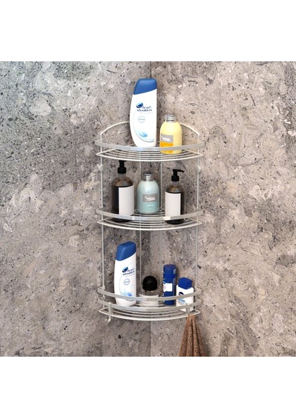 Teknotel 3 Katlı Kancalı Banyo Köşe Rafı Paslanmaz Inox Saten BK083H fiyatları