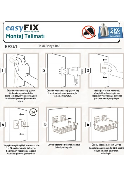 Teknotel Delme Vida Matkap Yok! Easyfıx Yapıskanlı Tek Katlı Banyo Rafı Mat Siyah EF241 fırsatları