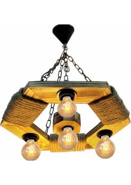 Tasarım Ahşap Halatlı Rustik Altıgen 4'lü Avize