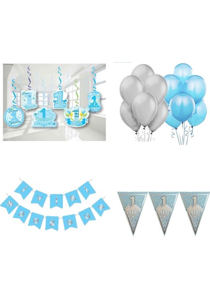 1 Yaş Mavi-Gümüş Doğum Günü Süsleme Seti