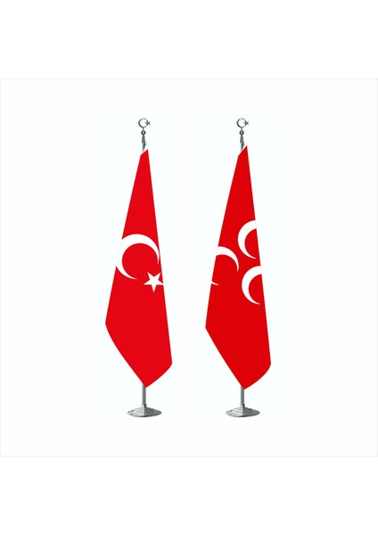 Kırmızı Üç Hilal ve Türk Makam Bayrağı Krom Direkli