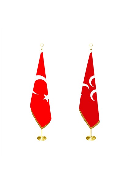 Kırmızı Üç Hilal ve Türk Makam Bayrağı Pirinç Direkli