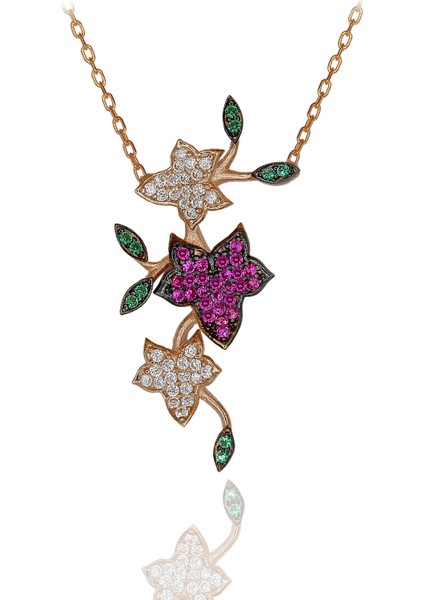 Renkli Taşlı Sarmaşıklı Çiçek Gümüş Kolye