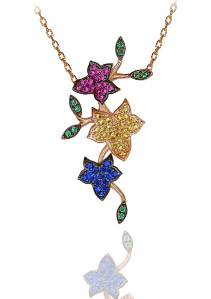 Renkli Taşlı Sarmaşıklı Çiçek Gümüş Kolye