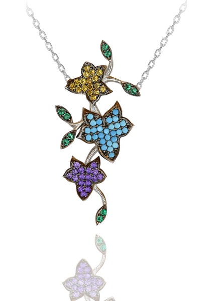 Renkli Taşlı Sarmaşıklı Çiçek Gümüş Kolye
