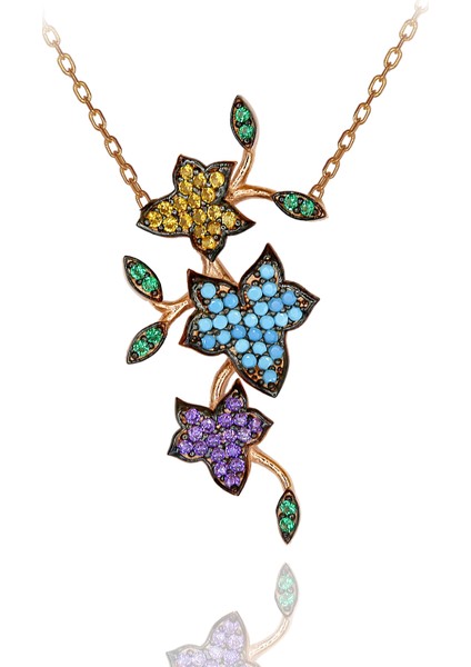 Renkli Taşlı Sarmaşıklı Çiçek Gümüş Kolye