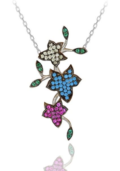 Renkli Taşlı Sarmaşıklı Çiçek Gümüş Kolye