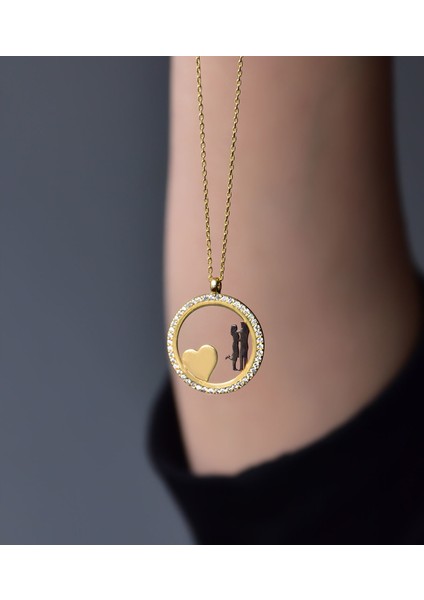 925 Ayar Gümüş Altın Kaplama Kalpli Aşk Çemberi Kolye