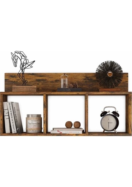 Duvar Üç Bölmeli Rustik Ahşap Raf Kitaplık